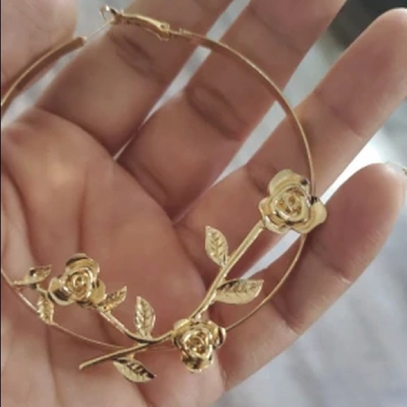 Oversize Gold Rose Hoop Statement Earrings - Picture 3 of 3